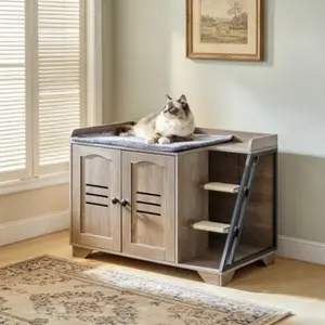 All-in-One Cat Litter Box Cabinet with Climbing Ladder, Hidden Cat Litter Box Furniture Equipped with Rechargeable 3-Tone LED Light, Comes with Plush Cushion and Interactive Teaser Balls, Overall Size: 31.5" L x 18.9" W x 22.4" H, Black and Greige Finish