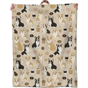 Funny Corgi Dog Flannel Blanket, Soft Throw with Coffee Donut and Puppy, Lightweight Cozy Blankets for All Seasons, Cute Cartoon Home Decor and Gifts for Animal Loversch