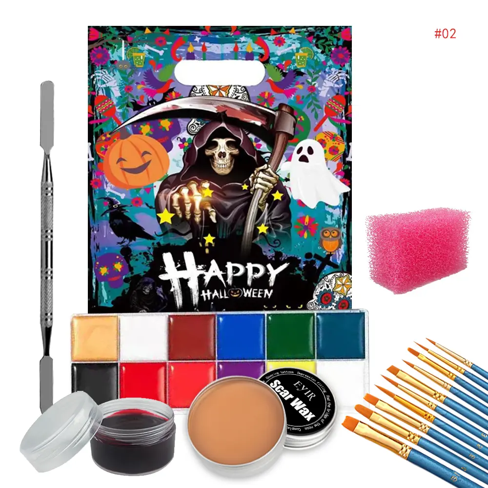 EYIR Halloween Makeup Kit, 12 Color Special Effect Face Paint palette+ Wound Scar Wax+ Fake Blood+ 10 Brushes of Different Sizes+ Spatula+ Stipple Sponge, Halloween Costume Makeup