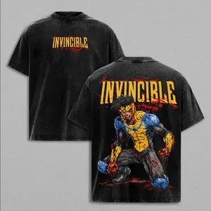 Invincible Velt Rummett Series Washed T-Shirt – A double-sided printed T-shirt inspired by anime, made of heavyweight pure cotton, unisex, loose-fitting, street style with a retro vibe, featuring a multiverse power design.