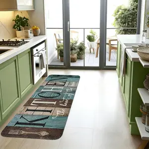 Cottage-style kitchen floor mat set: green, brown and cyan, rectangular, machine washable, soft, suitable for kitchens, bathrooms, bedrooms and living rooms