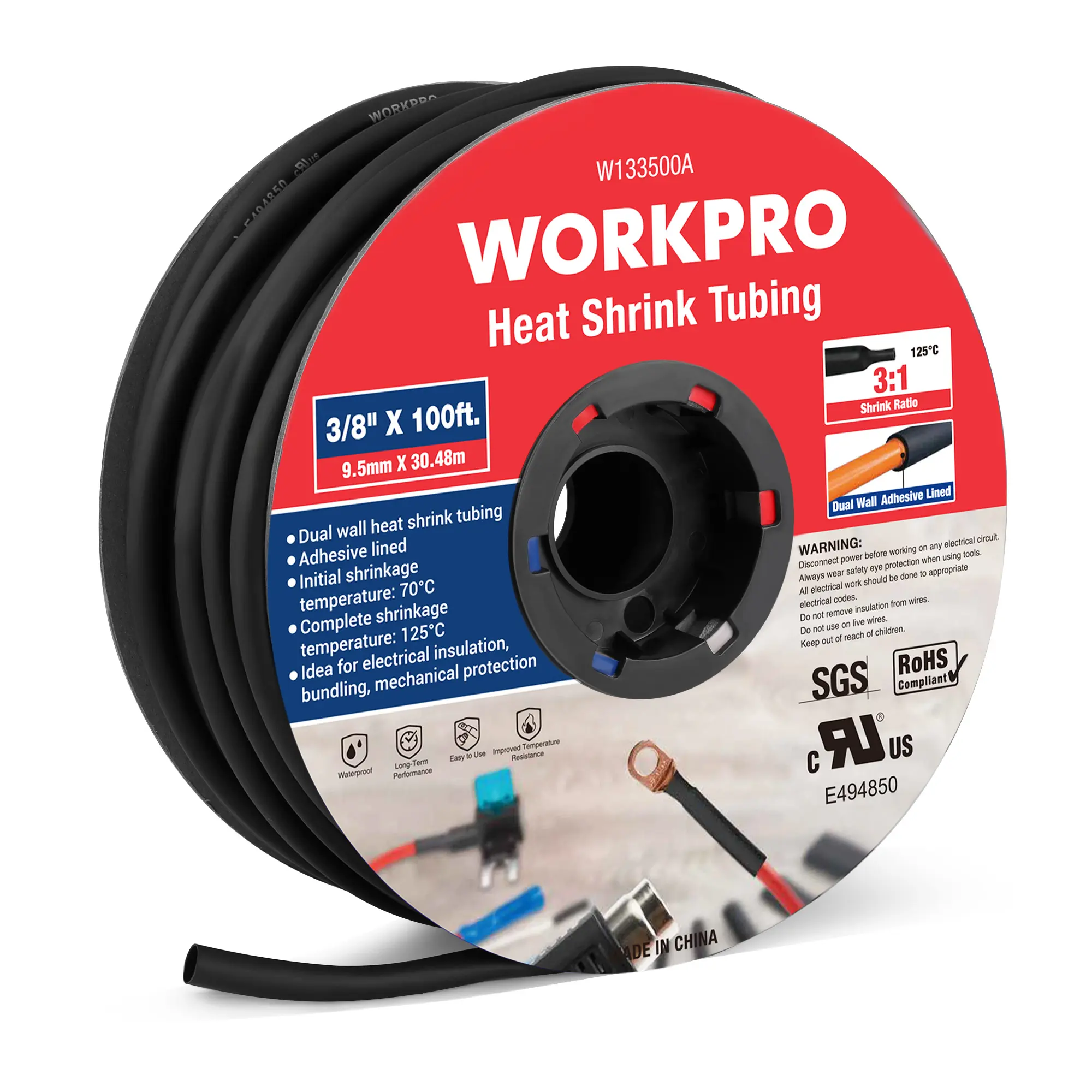 #summersale WORKPRO 100 FT Heat Shrink Tubing, 3:1 Ratio Dual Wall Adhesive Lined Heat Wire Shrink Wrap Tubing, Industrial and Marine Grade Shrinking Cable Tube, Flame Retardant and Waterproof, Black