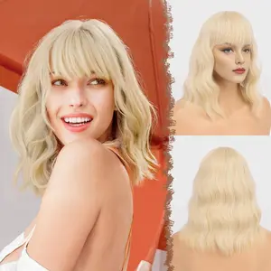 Platinum Blonde Bob Wig with Bangs, Shoulder Length Wavy Wig Synthetic Short Hair Wig for Women Party Daily Use
