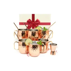 Kitchen Science Gift Set Stainless Steel Lined Copper Moscow Mule Cups Set of 6 (18oz) With 6 Straws & 1 Jigger Tarnish-Resistant Drinkware Metal