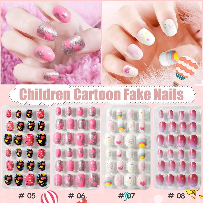 288PCS kids False Nail, Press on Pre-glue Full Cover Candy Pattern Short False Nail Kits with 48PCS Nail Adhesive Tabs, Valentine's Day Lovely Gift for Kids Little Girls Nail Art Decoration