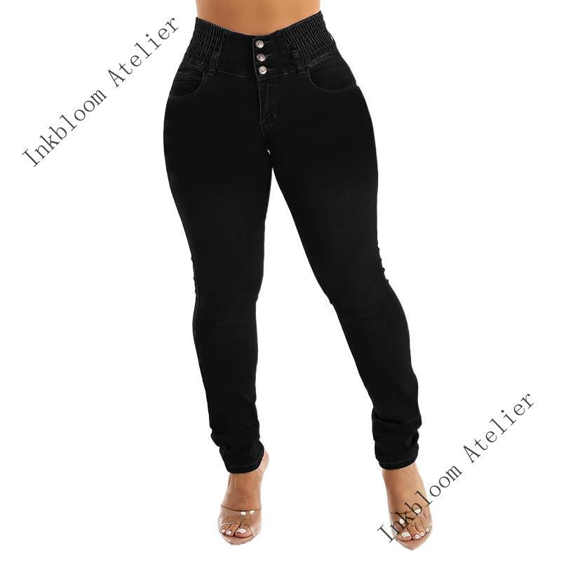 InkbloomAtelierWomen'SHighWaistSkinnyJeans,PolyesterRayonSpandexBlend,HighStretch,SolidColor,ButtonDetails,All-Season,StreetStyle