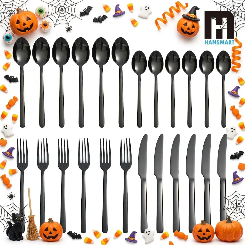 24-Piece Stainless Steel Flatware Set - Thick Matte Black, Sleek Satin Polish Modern Tableware Set, Dishwasher-Safe Kitchen Cutlery, Corrosion Resistant Dinner Set for Household,  Casual Dining, Wedding Party, Christmas Dinner Use