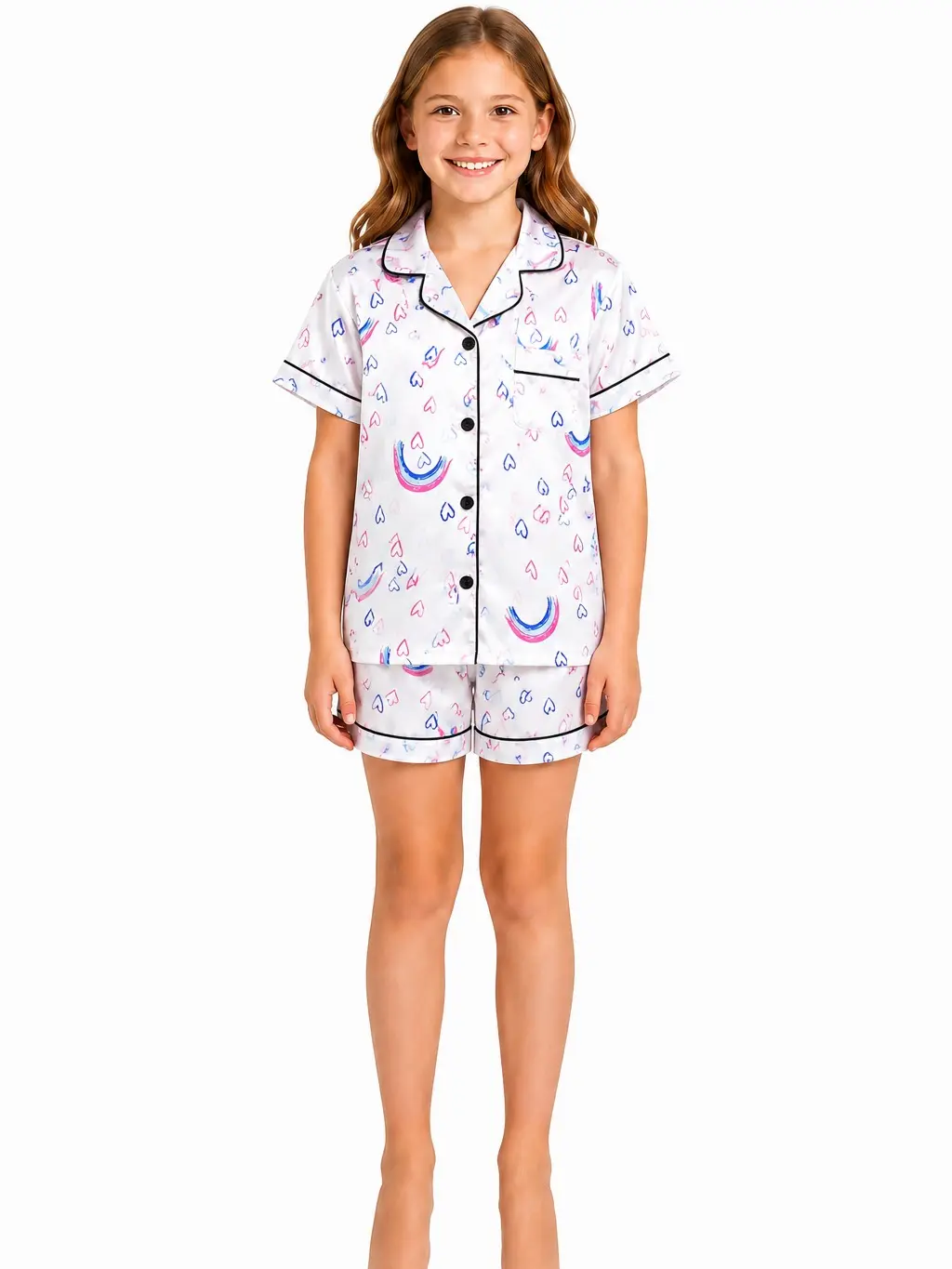 Girls Pajamas 2 Piece Set, Heart Rainbow Print Satin Sleepwear, Short Sleeve Button Down Top & Shorts Kids Pajama Set for Ages 5-14