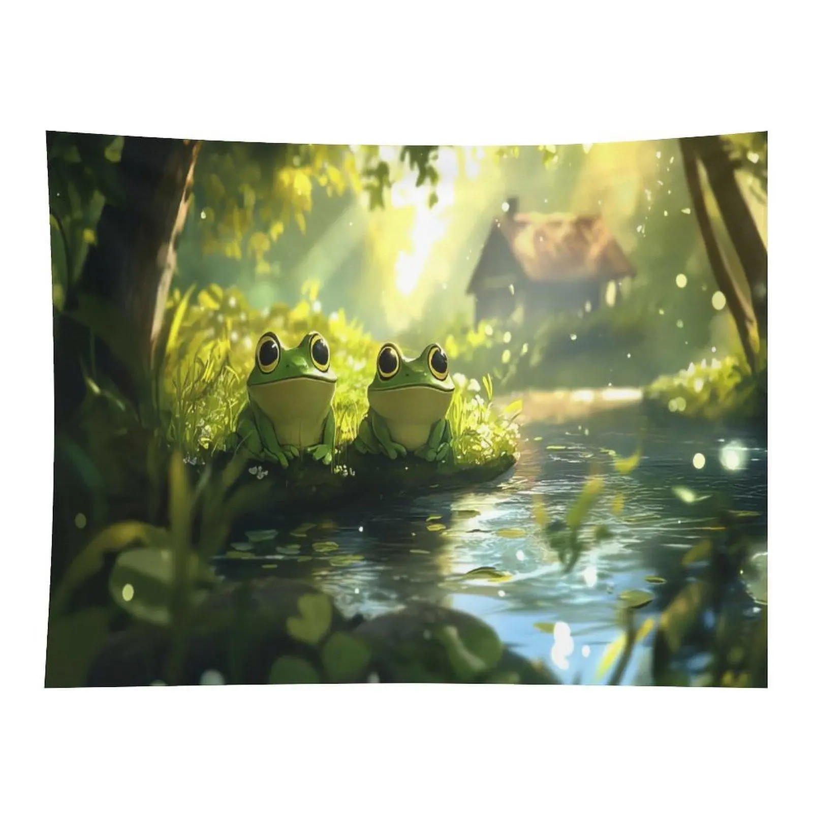 2 Green Frogs Sunny Forest Creek Cabin Wall Tapestry Wall Hanging - Soft Cartoon Nature Bokeh Peaceful Wildlife Landscape Decor for Kids Bedroom Backdrop