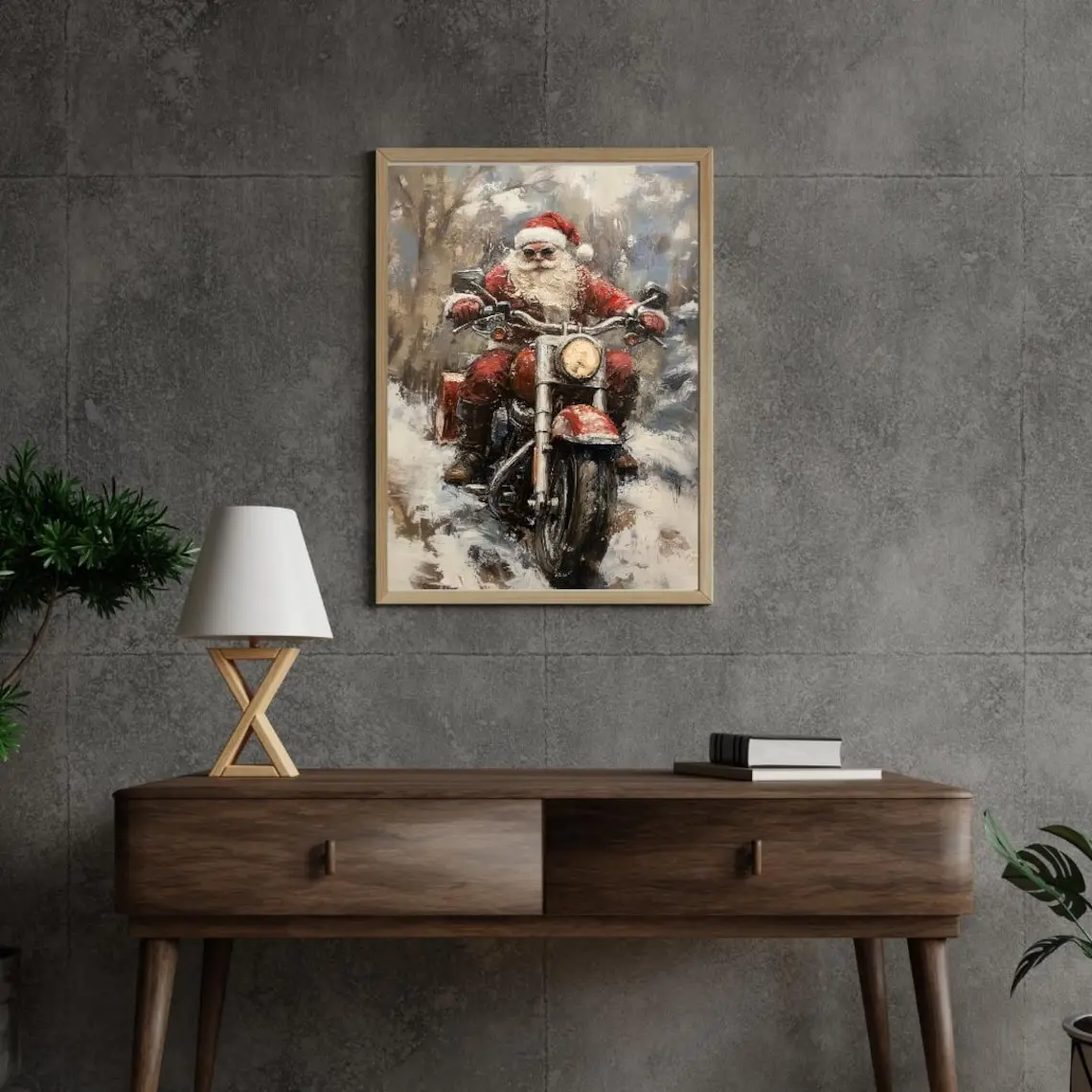 Printable Christmas Home Decor, Santa Clause on Motorcycle Wall Art Print, Winter Forest and Snow Landscape, Fun Cool Poster, Digital Art