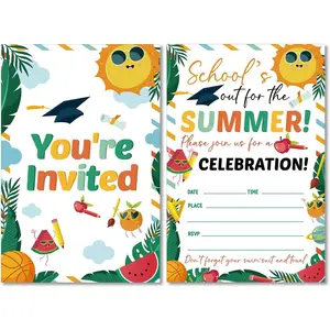Set of 20 End of School Summer Party Invitations with Envelopes, Fill in Blank Invites for Summer BBQ End of School Year Celebration Party