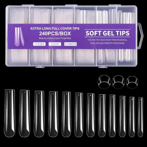 Long Square Nail Tips, 240Pcs Full Cover Soft Gel Nail Tips Pre-Etched 3XL Square Clear Acrylic False Nail Fake Nail Extension Press On for Salon Home DIY 12 Sizes