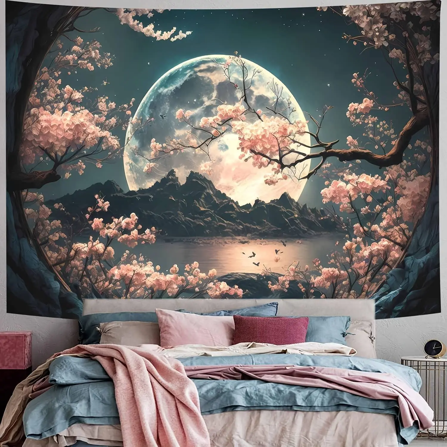 1pc Serene Cherry Blossom & Moon Tapestry - 85gsm Lightweight Polyester Wall Art, Whimsical Home Decor with Starry Sky & Mountain Landscape, Easy Installation Kit Included for Bedroom, Living Room Aesthetic Room Decor