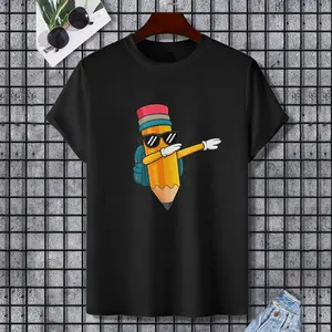 Dabbing Pencil Dancing Back To School Funny Students Men T-Shirt, 100% Cotton, Single Side Printed, Black Short Sleeve T-shirt, Gift for Family Friends, S-XXXL, 1 pc, Fabric Weight 180g