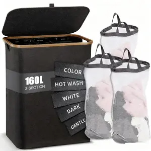 Extra Large 160L Bamboo Laundry Hamper Foldable 3 Mesh Breathable Bags Dirty Clothes Storage Organizer for Dormitory Home Bedroom Laundry Room