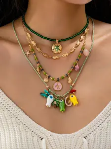4 Pc Summer Bohemian Layered Beach Necklace for Women - Ocean Theme Starfish and Fish Charm Necklaces Set - Boho Vacation Beach Jewelry