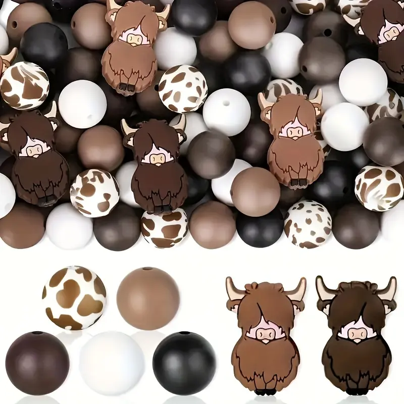 15mm 98-Piece Durable Soft Silicone Bead Autumn Decorative Beading Kit - Cow Animal Print, Circular Beads for DIY Charms, Necklaces, Bracelets, Ideal for Parents, Lovers (Rural Theme), Teachers, Durable Silicone