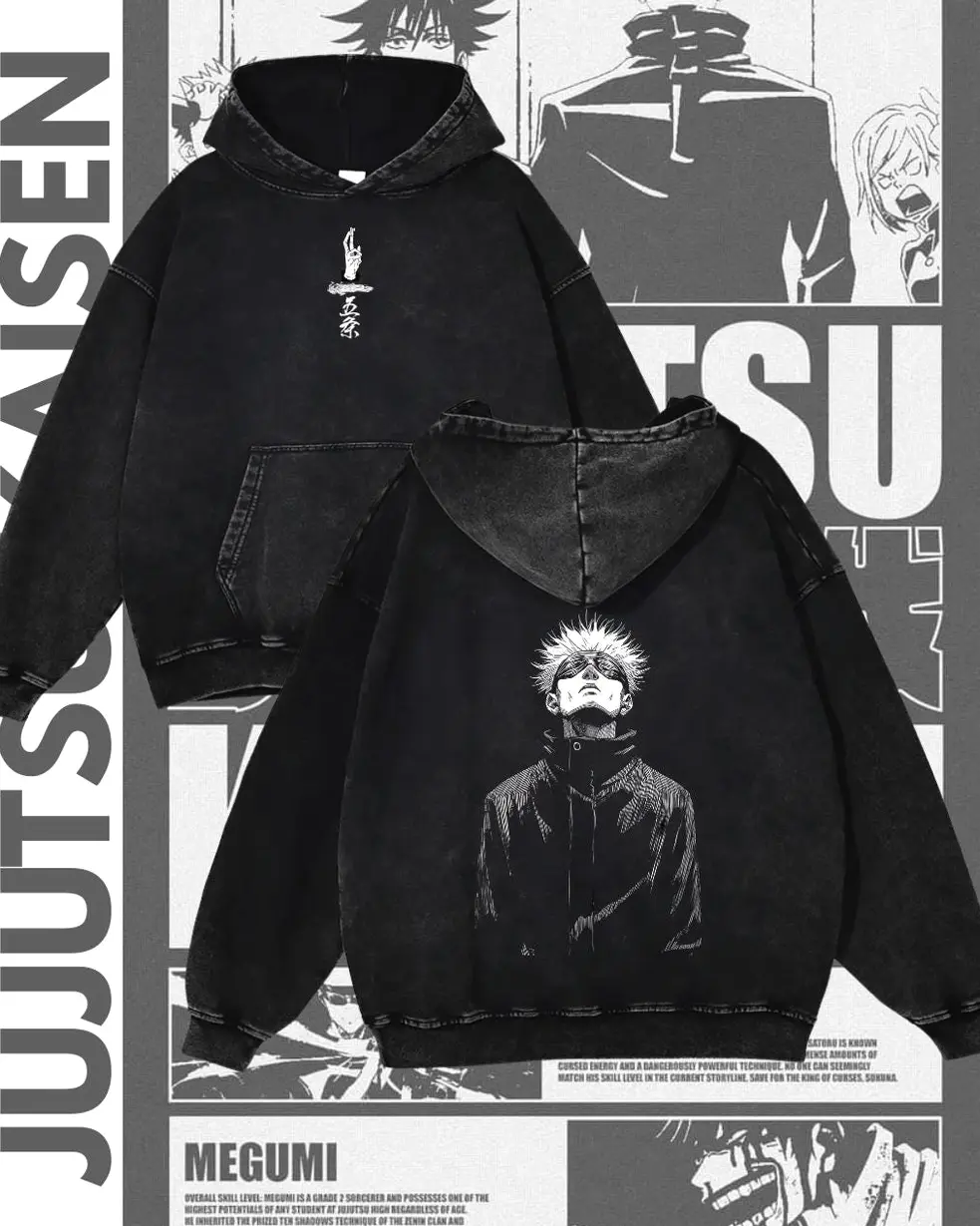 Men's Gojo Satoru Anime Hoodie, Soft Cotton Oversized Long Sleeve Streetwear Tops, 2-Sided Jujutsu Kaisen Printed Clothes, Apparel, Seamless, Longsleeves, Menswear