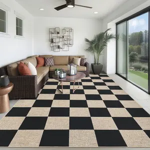 Jute Indoor/Outdoor Rug Modern Geometric Style Machine Washable Area Rug Checkered Pattern Interior Decorating Rug Soft and Non-slip for Dining Rooms Apartments Farmhouses Offices Game Rooms