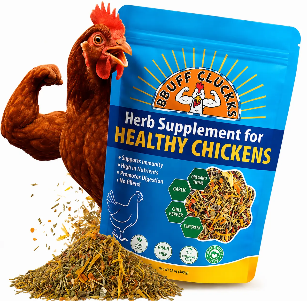 Buff Clucks Herbs Supplement for Chicken Food Natural Poultry Feed, 12 oz | Healthy Chick Snacks for Daily Wellness Feather Quality Egg Production Plant Based Chicken Herbs for Feed Treats for Chickens