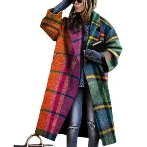 Autumn Women's Long Sleeve Turn-Down Collar Coat Printed Woolen Long Overcoat Womenswear Jackets in Gray Green Black & Yellow Printing Sizes S XXXL