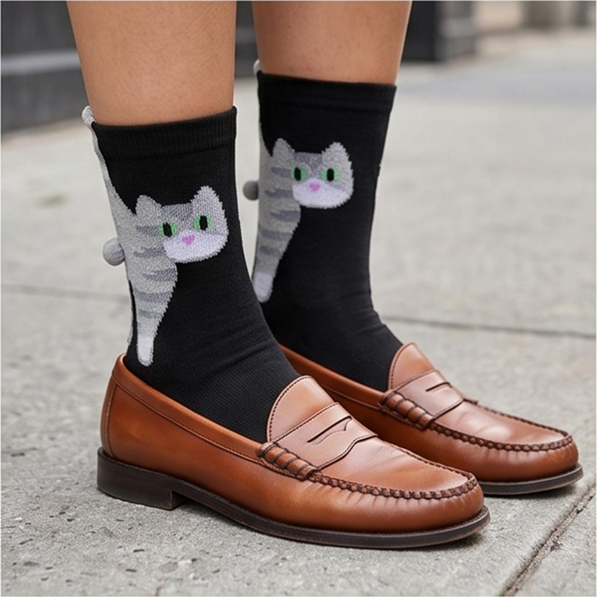 Orange Cat Egg Socks Unisex Mid-Calf Pure Cotton Funny Cartoon 3D Pom Pom Ins Trendy Cute Versatile Outdoor Cotton Socks 2 Pairs