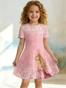 Girls Summer Glitter Long Hair Princess Print Dress, Kids Pink Style Crew Neck Short Sleeve A-Line Dress