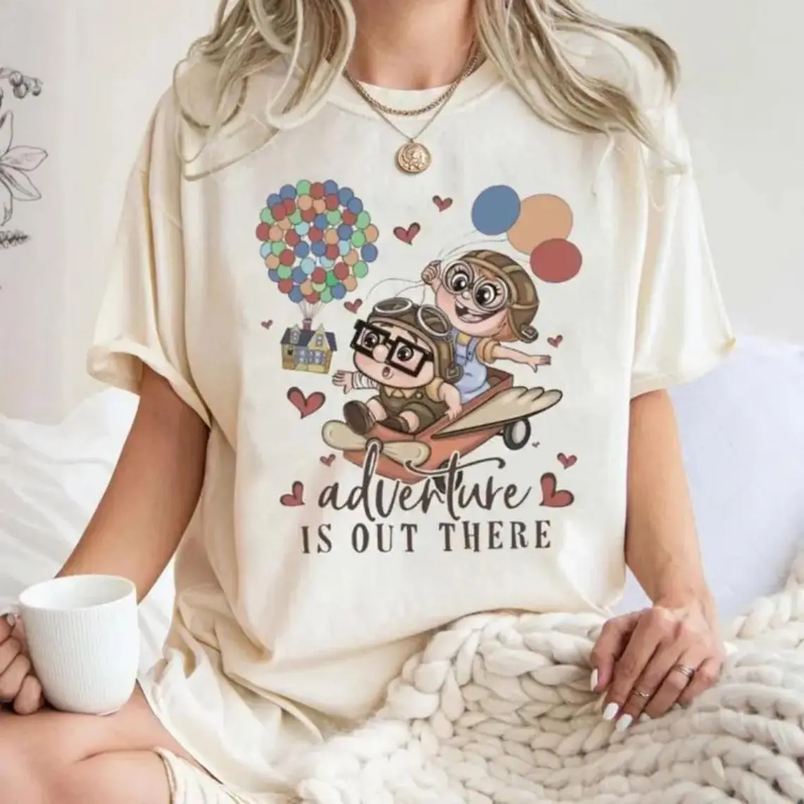 Explore The Adventure With This Cotton T-shirt Featuring Up Balloon Carl And Ellie Design graphic tees