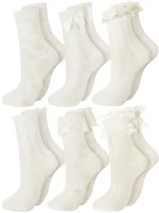 6pairs of beige Fashion lace mid calf socks, sweet and cute girl socks, Fitted, comfortable, skin friendly, breathable, sweat absorbing socks, lace bow Lolita mid calf socks, solid color versatile mid calf socks