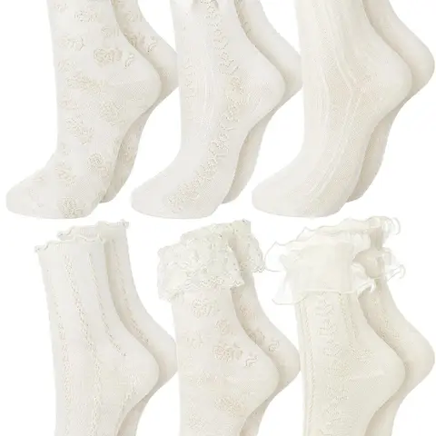 6pairs Beige Spring Bow Detail & Lace Trim Mid-Calf Socks, Comfortable Breathable Skin Friendly Fabric, Sweat-Absorbing Crew Socks Lolita Socks, Solid Color Fashion Versatile Socks for Women, Knitted Socks