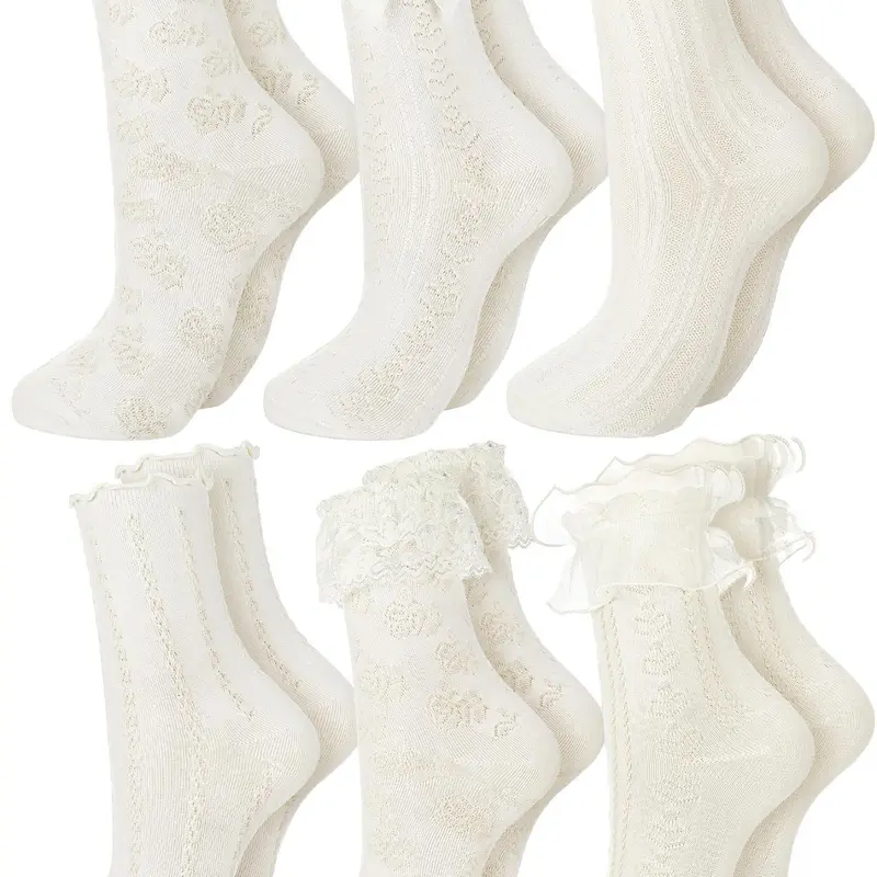 6pairs Beige Spring Bow Detail & Lace Trim Mid-Calf Socks, Comfortable Breathable Skin Friendly Fabric, Sweat-Absorbing Crew Socks Lolita Socks, Solid Color Fashion Versatile Socks for Women, Knitted Socks