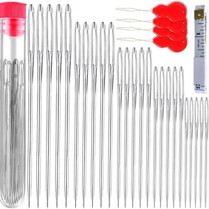 55 PCS Large Eye Sewing Needles Set 5 Sizes Hand Sewing Needles for Embroidery with 4 Needle Threaders and 1 Measuring Tape