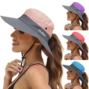Wide Brim Ponytail Sun Hat Foldable UV Protection Bucket Cap For Women Outdoor Beach Fishing Hiking Breathable Mesh Vents Design