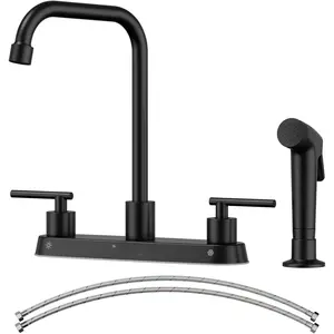 Black Kitchen Faucet with Side Sprayer, Matte Black Kitchen Sink Faucet with Sprayer, Stainless Steel 4 Hole Kitchen Faucet, 2 Handle Kitchen Sink Faucet 3 Hole with High Right Angle Spout