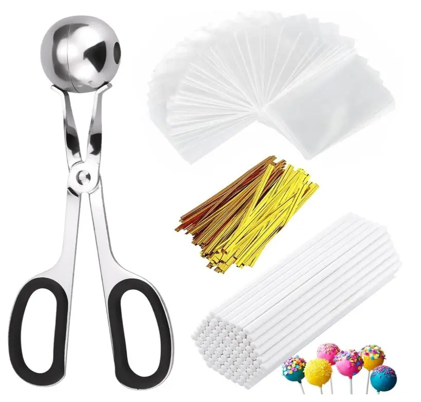 Lollipop cake kit, including 100 cake sticks, 100 wrapping bags, 100 zip ties, and 1 cake lollipop mold, used as a cake lollipop making tool for lollipops, candies, chocolates, and cookies