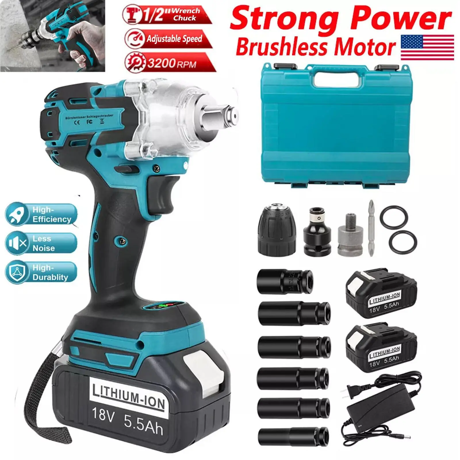 Professional 1/2 Inch Cordless Impact Wrench High Torque Electric Power Tool with Li-ion Battery for Automotive Repair Tire Changing DIY Projects Heavy Duty Industrial Tool Kit Tool Box