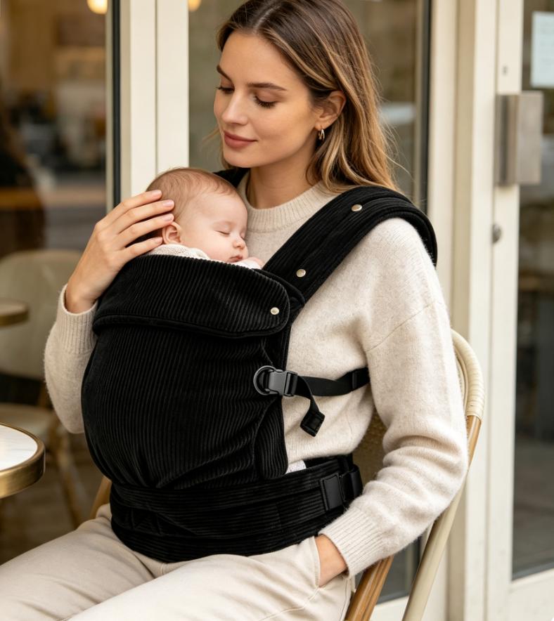 Ergonomic black corduroy baby carrier, lightweight & hands-free design. Fits infants & toddlers 7–44 lbs (3–20kg). Great for outdoor strolls, travel trips, ideal baby shower gift for new parents.