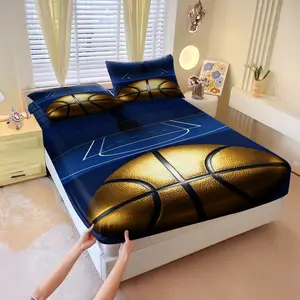 3-piece Fitted Sheet Set With A Blue Background And Gold Basketball Trophy Print Includes Two Pillowcases Without Inserts, Creating A Passionate Basketball Court Atmosphere. A Stylish Bedding Gift For Basketball Fans.