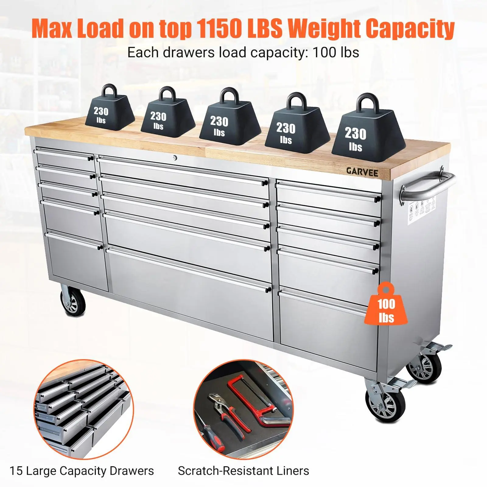 Heavy-Duty Rolling Tool Chest & Workbench, 72-Inch Stainless Steel Tool Cabinet with 15 Drawers, Large Mobile Garage Storage System with Rubber Wood Top & 3 Upper Cabinets, Professional Toolbox