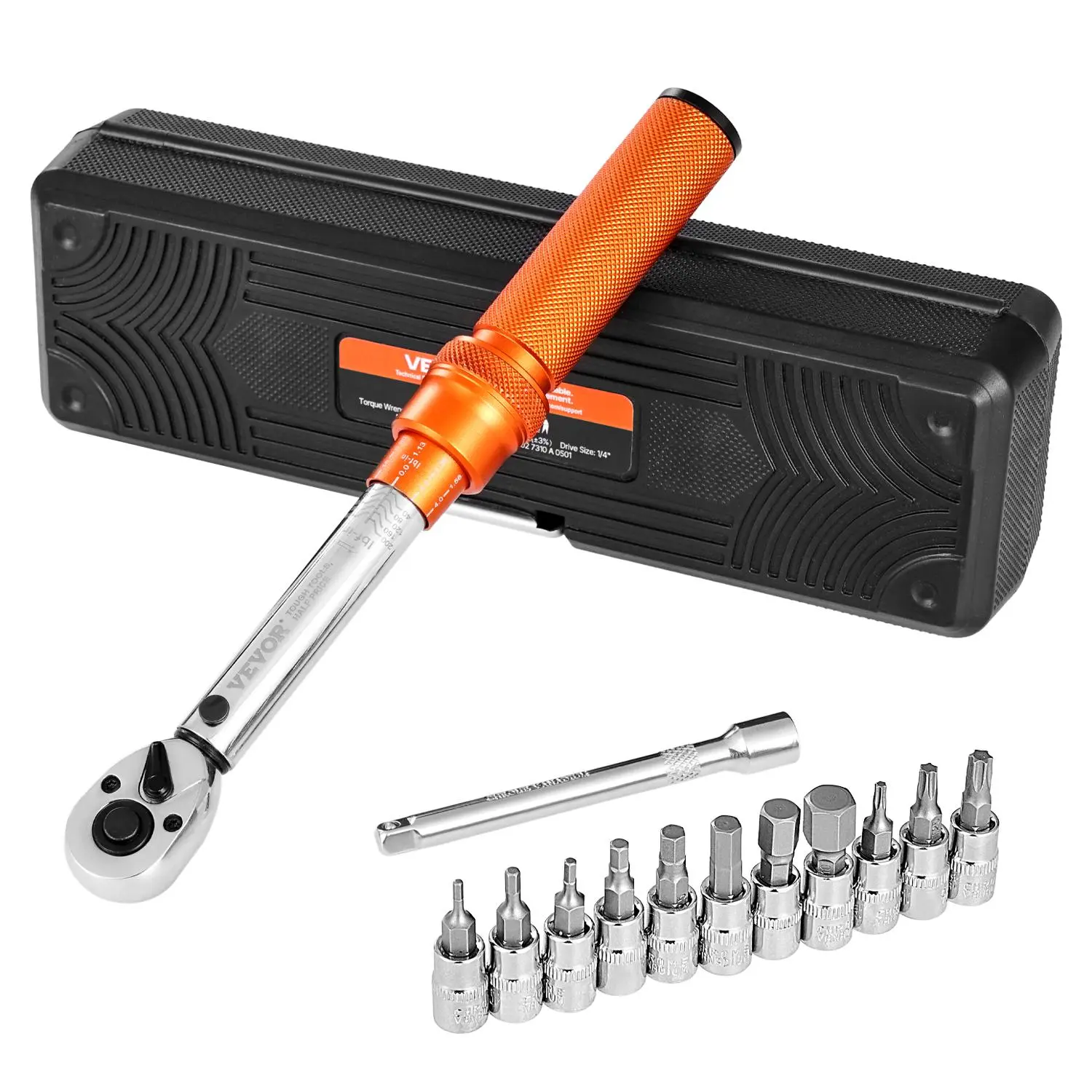 VEVOR 1/4-Inch Drive Heavy Duty Ratchet Torque Wrench Set, 20-200lbf-in/2.3-22.6N.m, 72-Tooth, ±3% High Precision, Dual-Direction Dual-Range Scales, Bit Sockets & Extension Bar Included, Orange, for Bicycle Repair, Father's Day Gift, Heavy Duty Wrench