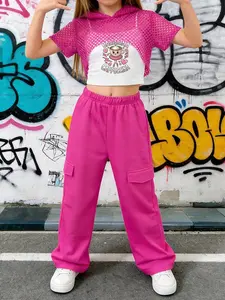 Girls' Ballerina Cappuccino Set, "BALLERINA CAPPUCCINA" Cartoon Print Top & Shorts, Summer Fashion, Casual Streetwear Style, Kids Clothing