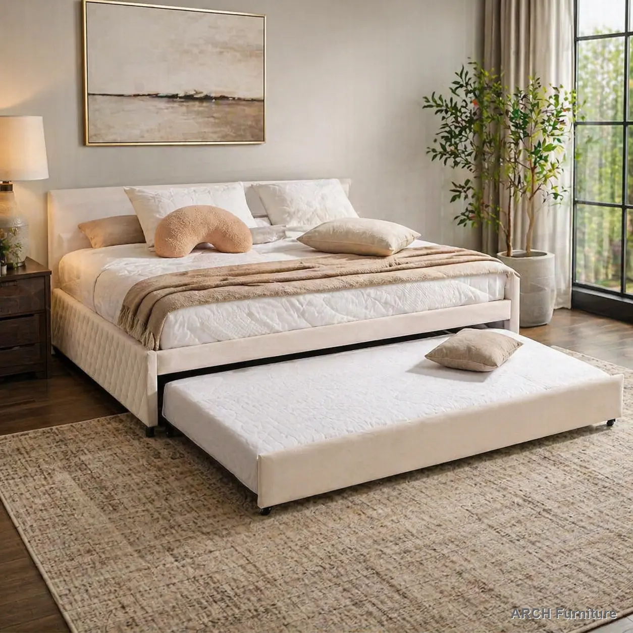 Velvet Fabric Arch Day Bed with Pull-Out Trundle, Sturdy Wooden-Plywood Frame, Modern Diamond Grid Design, Full/Twin Sizes, Corner-Fit Flat-Pack Self-Assembling Spacious Indoor Bed Frame for Adults’ Bedroom (Beige, Metal Accents), Metal Bed Frames, Flat-P