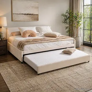 Velvet Fabric Arch Day Bed with Pull-Out Trundle, Sturdy Wooden-Plywood Frame, Modern Diamond Grid Design, Full/Twin Sizes, Corner-Fit Flat-Pack Self-Assembling Spacious Indoor Bed Frame for Adults’ Bedroom (Beige, Metal Accents), Metal Bed Frames, Flat-P