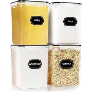 4 Pack Large Airtight  Storage Containers with Lids (5.2L / 176oz),  Plastic Kitchen and Pantry Organization Contianers for Cereal Flour and Sugar Storage, Labels & Marker