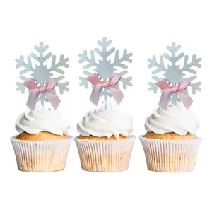 POSH SOIREE Snowflake Cupcake Toppers – Frozen Cupcake Toppers w/Satin Ribbon Bow – Winter Wonderland/Christmas Toppers for Cupcake, Donut & Cake Decoration – Set of 12