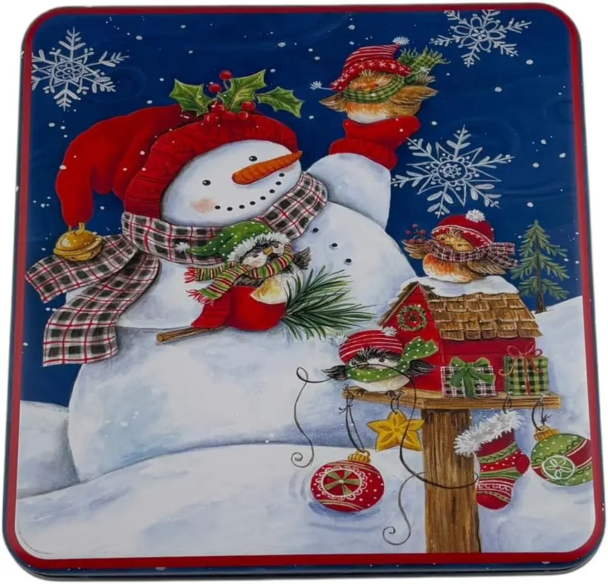 Christmas Snowman Square Tin Box with Lid, Night Blue | Holiday Ice Bucket, Festive Cosy Theme Decoration
