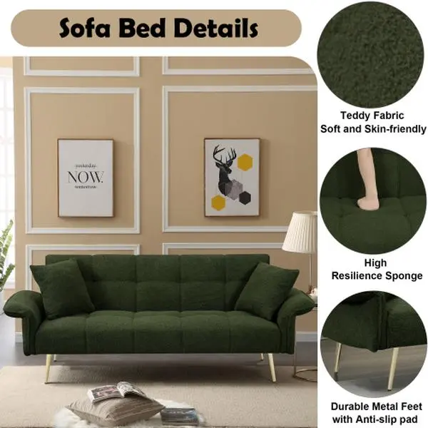 70.1" Futon Sofa Bed, Convertible Double Sofa Bed with Folding Armrests for Living Rooms and Small Spaces