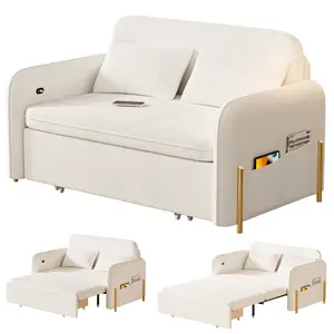 Explorinox 3-in-1 Convertible Sofa Bed Boucle Loveseat Sleeper with Storage Drawer Side Pockets USB Ports Gold Metal Legs for Living Room