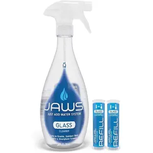 JAWS Glass Cleaner Bottle with 2 Refill Pods - Streak-Free Spray for Glass, Mirrors ,Stainless Steel, Electronics, Marble Countertops, Tiles & More - Eco Friendly Refillable System