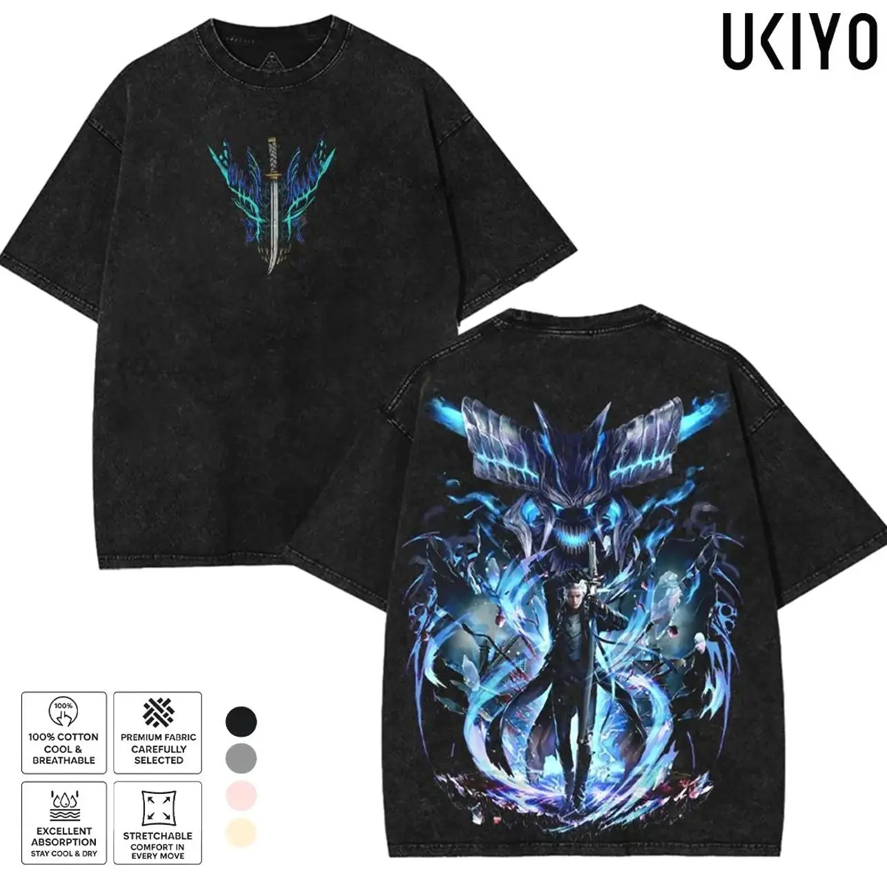 Devil May Cry Vergil the omega and alpha king son of sparda Anime Manga Clothes game Vintage Cotton 2 sided Washed Tshirt graphic tee 6HW